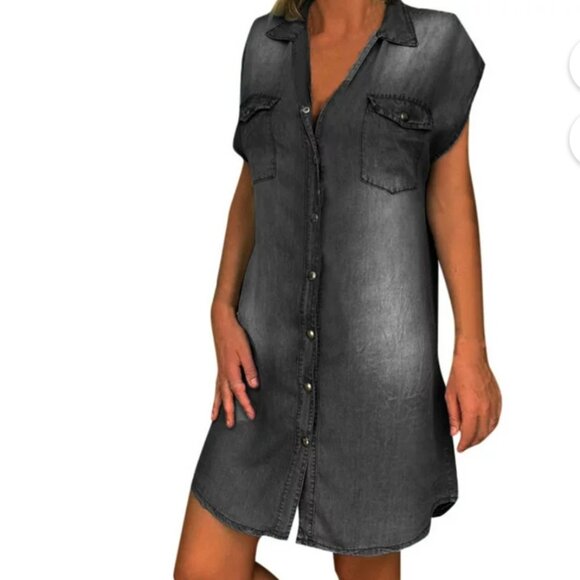 Black distressed denim sleeveless pocket button up dress - Picture 1 of 8